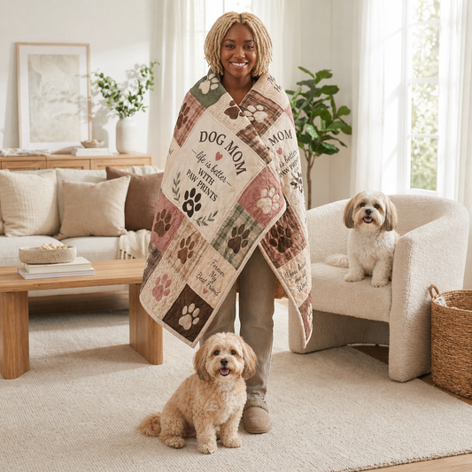 Dog Mom Plush Blanket β Patch Quilt Paw Prints