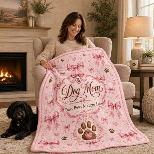 Dog Mom Plush Blanket β Paws, Bows & Puppy Love