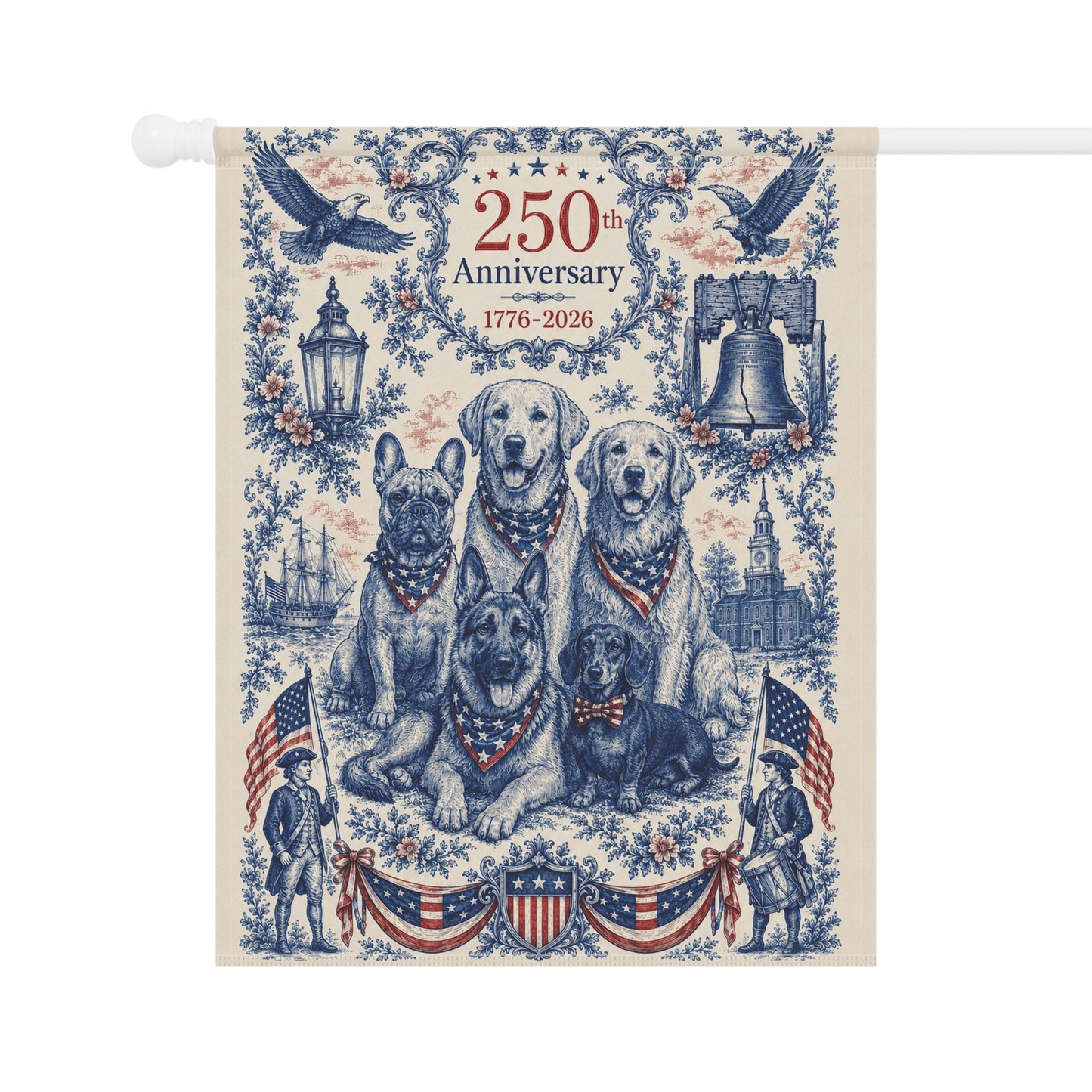 All American Dogs Patriotic Garden Flag | 250th Anniversary 1776-2026 | 5 Breeds Toile Art | Independence Day Flag | Dog Mom Gift | USA Outdoor Decor