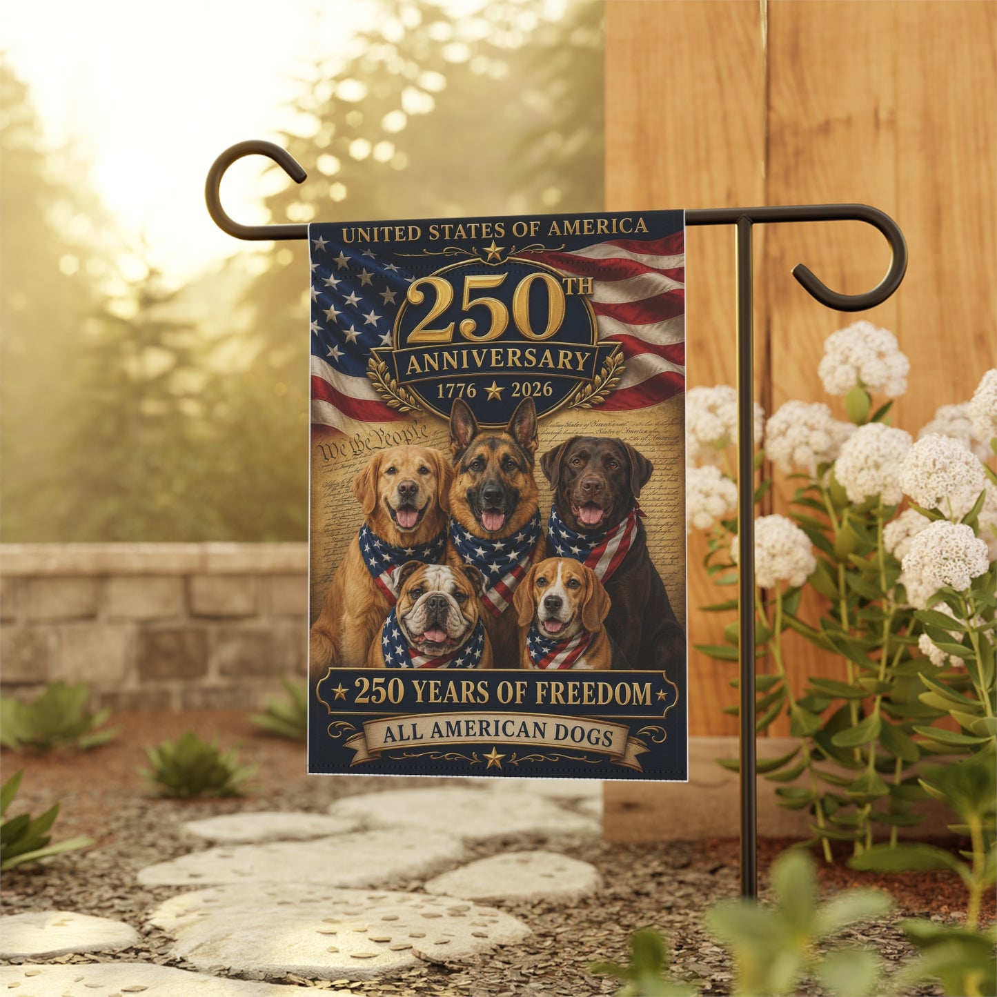 All American Dogs Patriotic Flag | 250 Years of Freedom | We The People | 5 Breeds 250th Anniversary 1776-2026 | Independence Day | Dog Mom Gift | USA Decor
