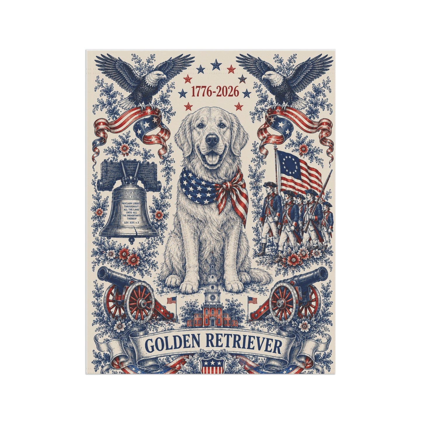 Golden Retriever Patriotic Garden Flag | 250th Anniversary 1776-2026 | American Toile Art | Independence Day Flag | Golden Mom Gift | USA Outdoor Decor