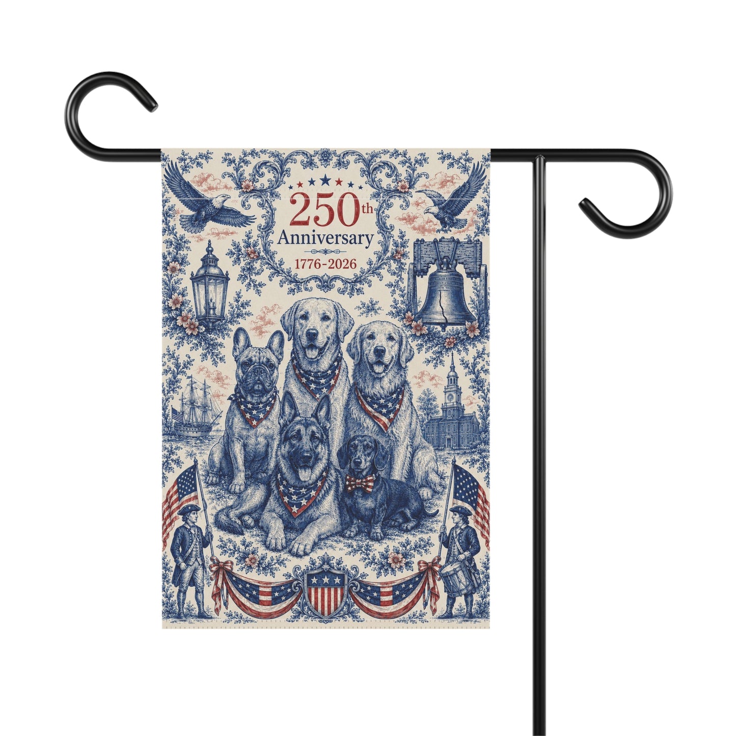 All American Dogs Patriotic Garden Flag | 250th Anniversary 1776-2026 | 5 Breeds Toile Art | Independence Day Flag | Dog Mom Gift | USA Outdoor Decor