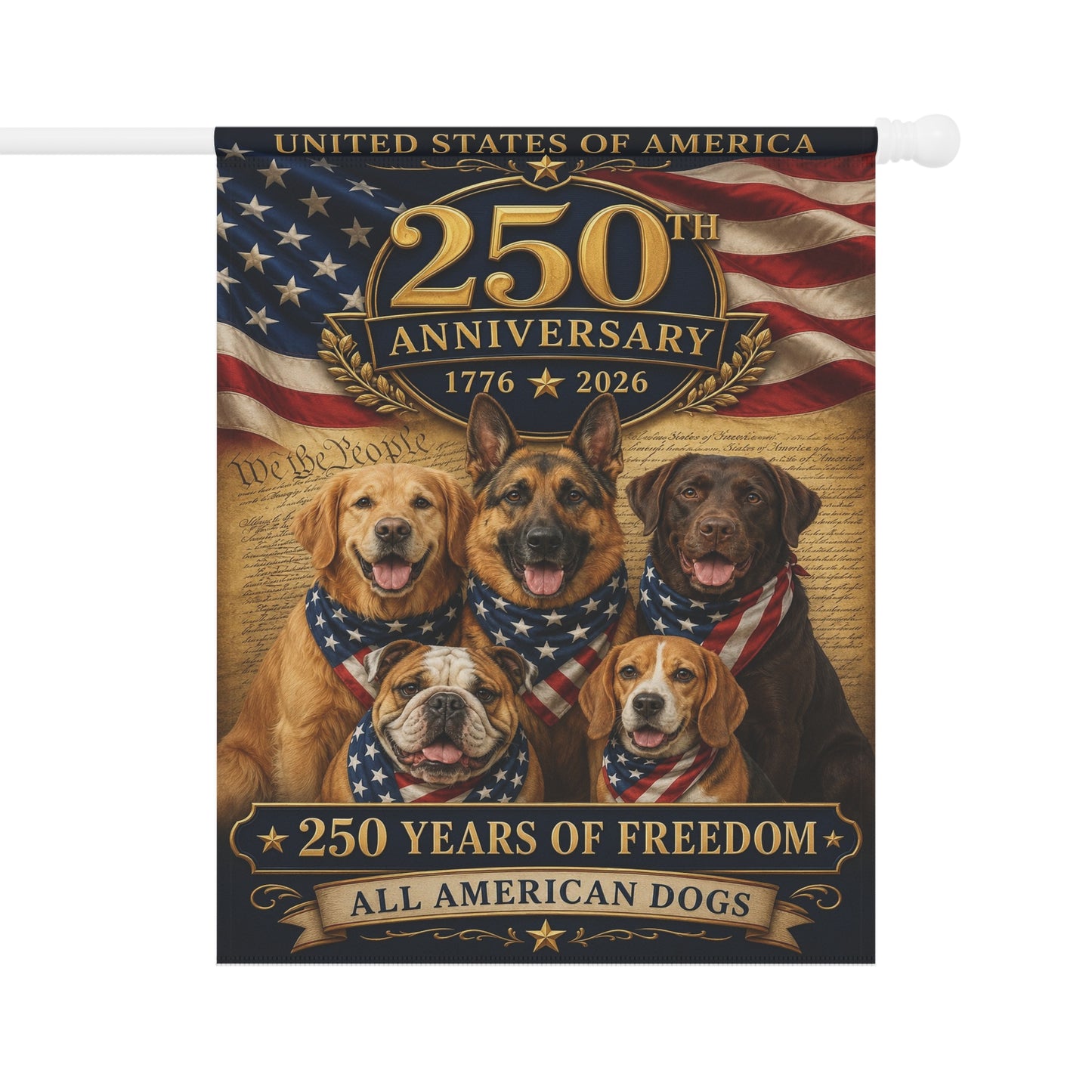 All American Dogs Patriotic Flag | 250 Years of Freedom | We The People | 5 Breeds 250th Anniversary 1776-2026 | Independence Day | Dog Mom Gift | USA Decor