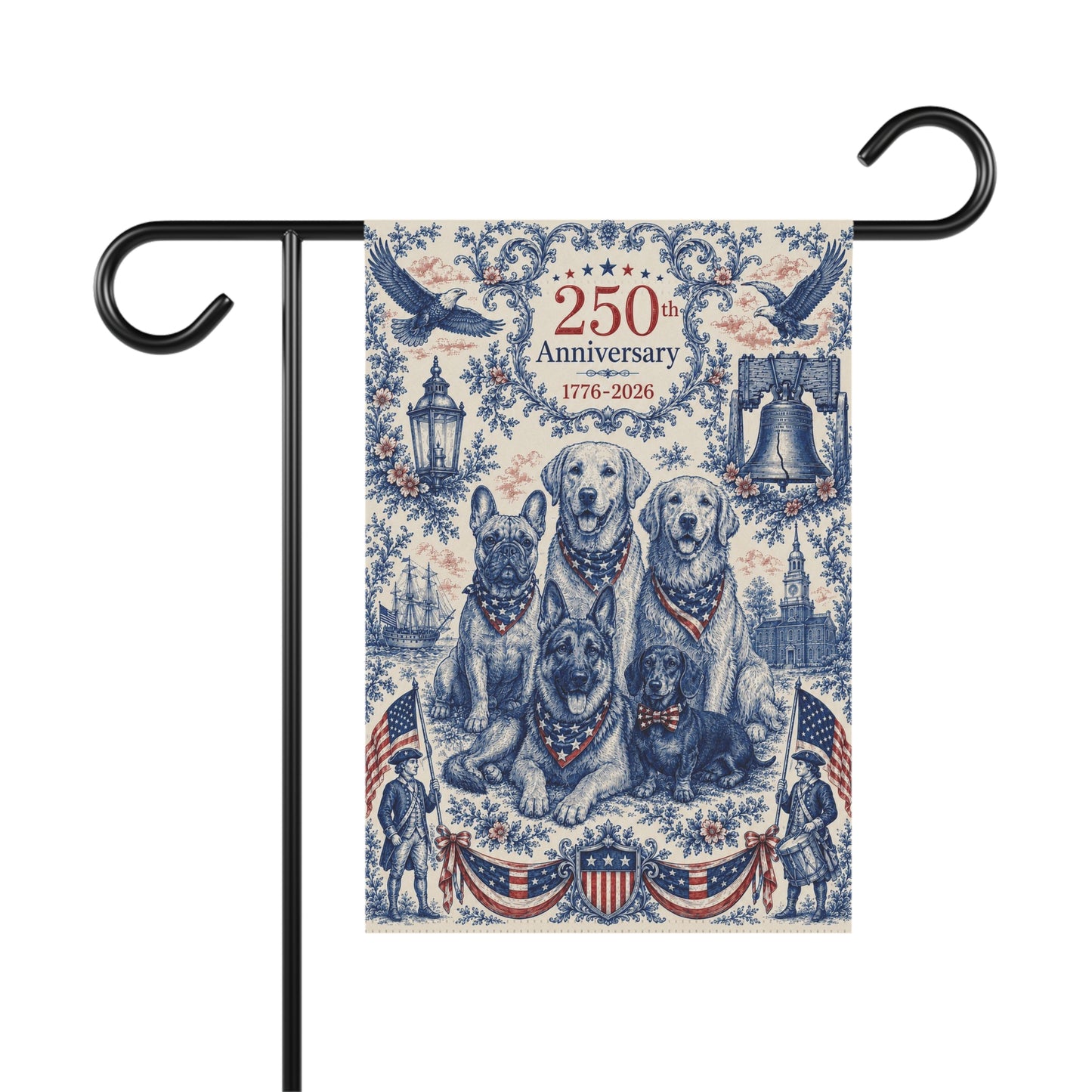 All American Dogs Patriotic Garden Flag | 250th Anniversary 1776-2026 | 5 Breeds Toile Art | Independence Day Flag | Dog Mom Gift | USA Outdoor Decor