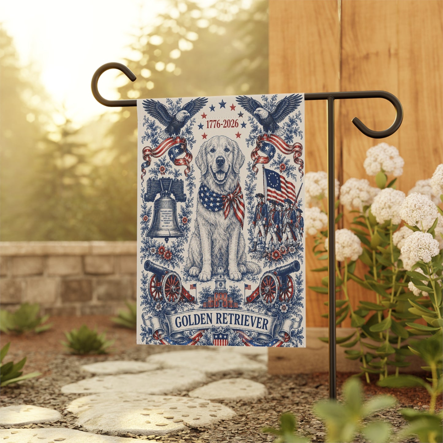 Golden Retriever Patriotic Garden Flag | 250th Anniversary 1776-2026 | American Toile Art | Independence Day Flag | Golden Mom Gift | USA Outdoor Decor