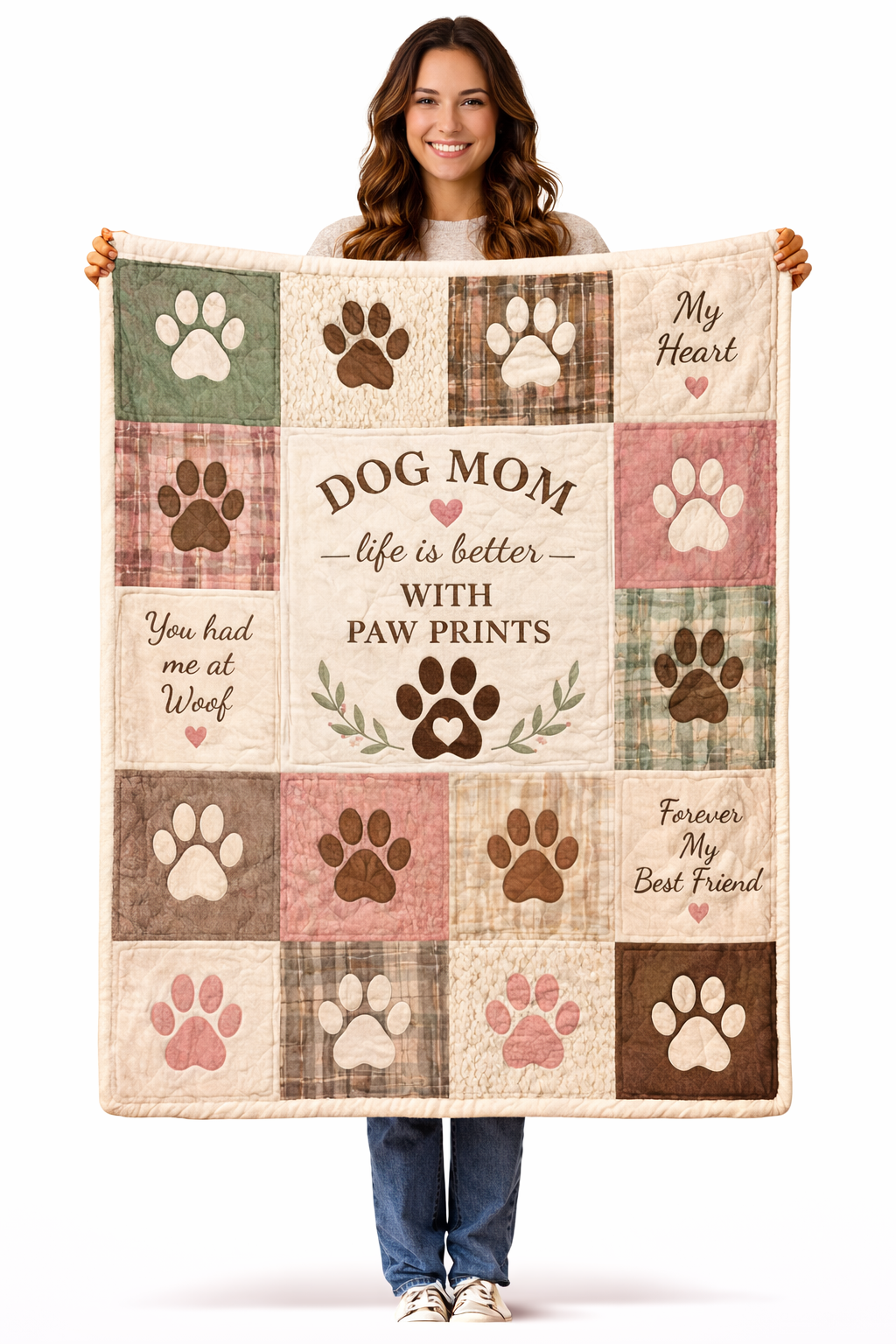 Dog Mom Plush Blanket — Patch Quilt Paw Prints