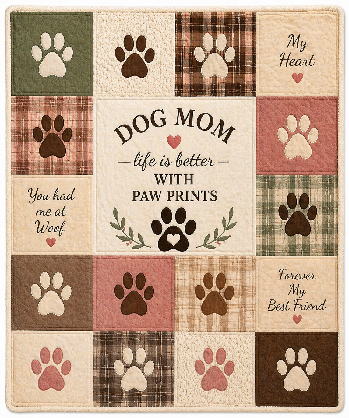 Dog Mom Plush Blanket — Patch Quilt Paw Prints