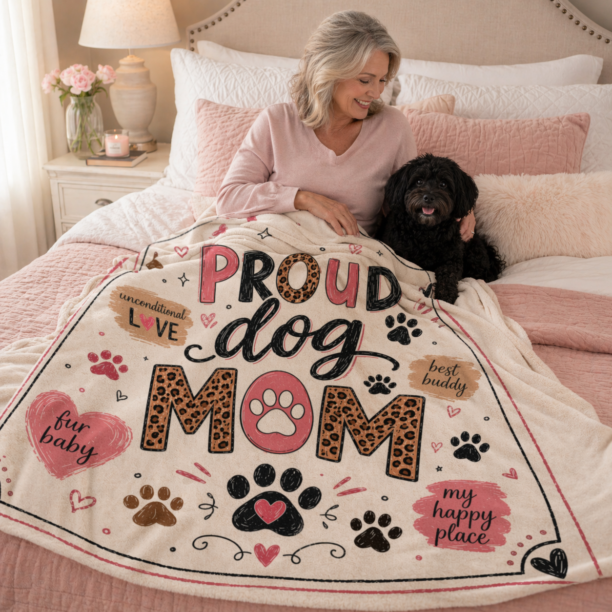 Dog Mom Plush Blanket — Leopard Paw Heart Design