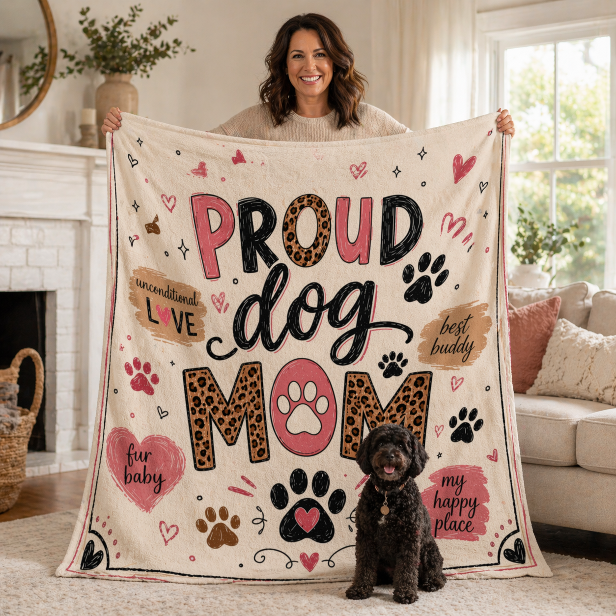 Dog Mom Plush Blanket — Leopard Paw Heart Design