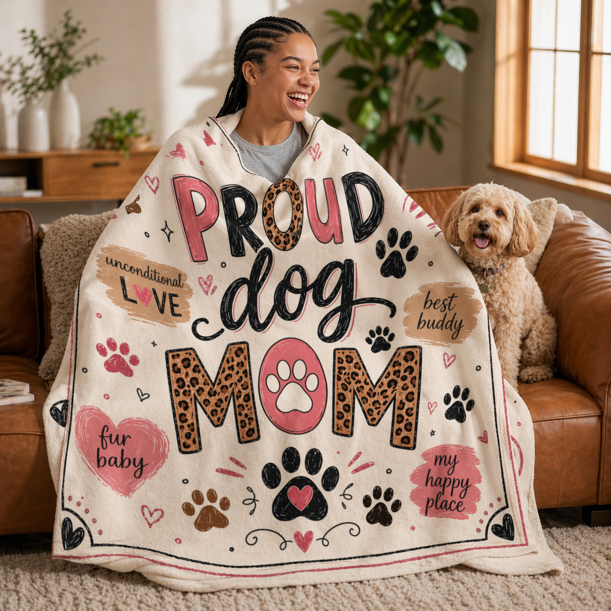 Dog Mom Plush Blanket — Leopard Paw Heart Design