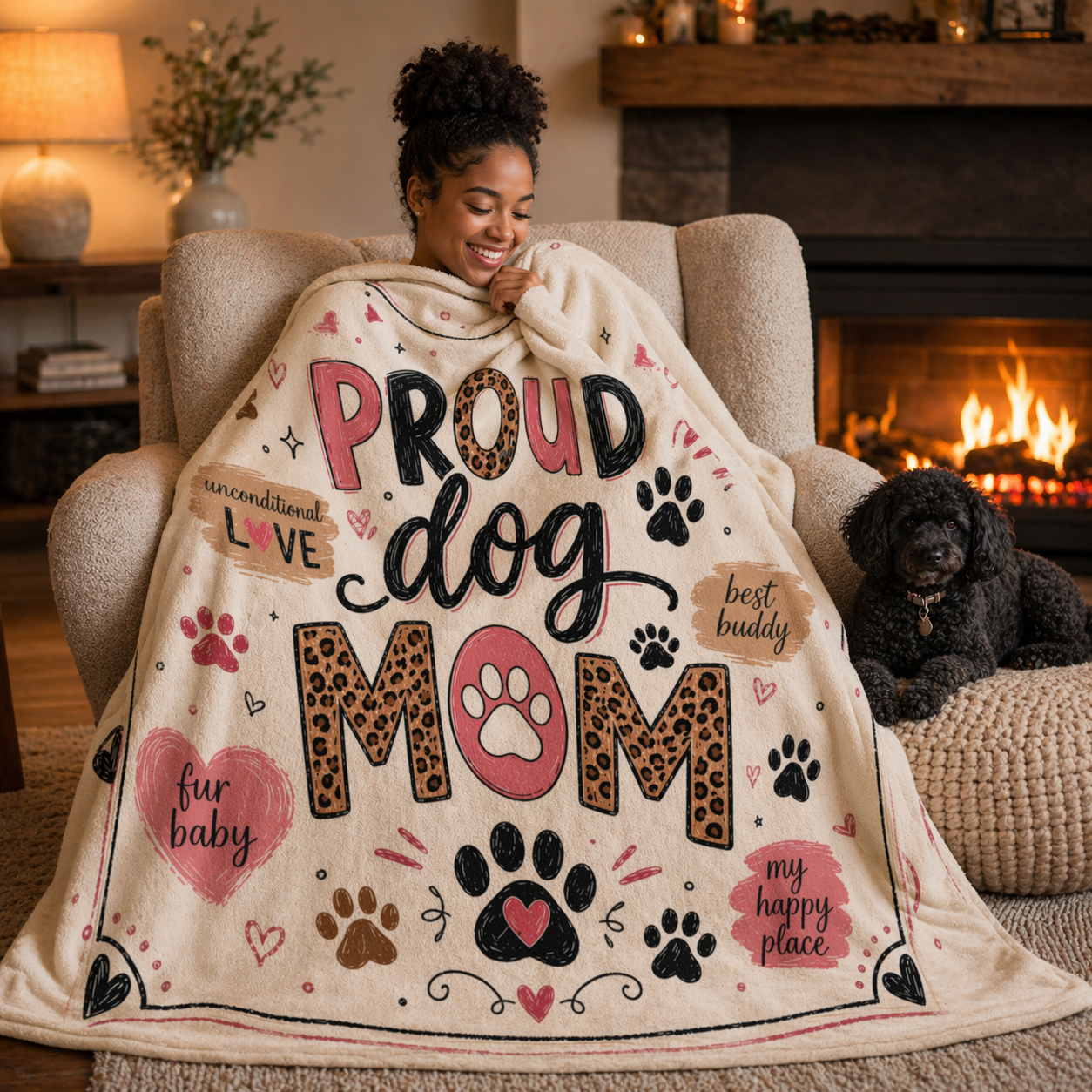 Dog Mom Plush Blanket — Leopard Paw Heart Design