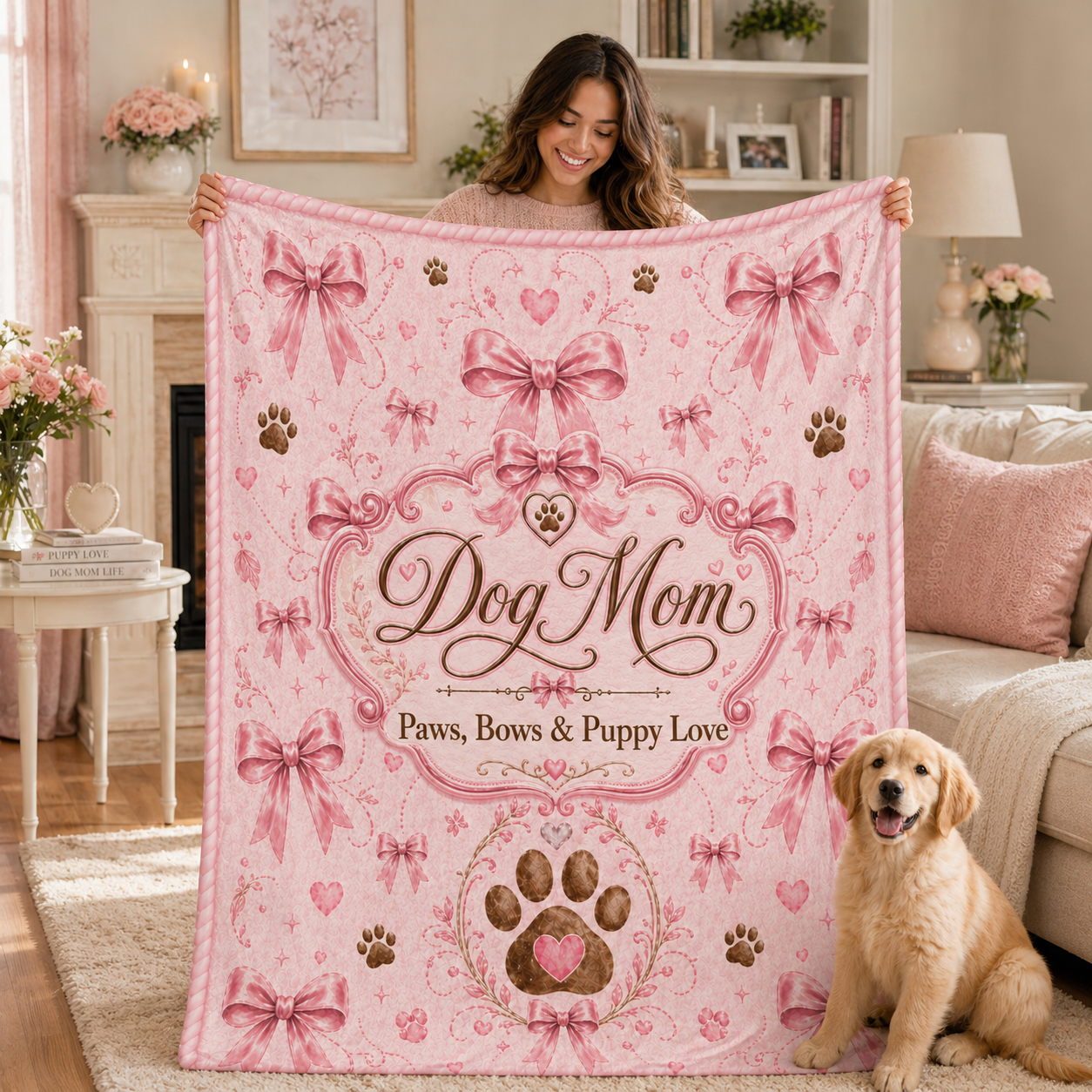 Dog Mom Plush Blanket — Paws, Bows & Puppy Love