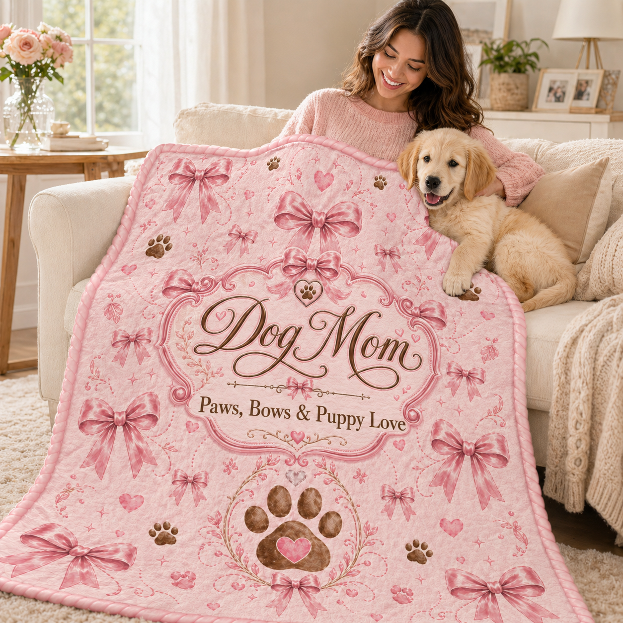 Dog Mom Plush Blanket — Paws, Bows & Puppy Love