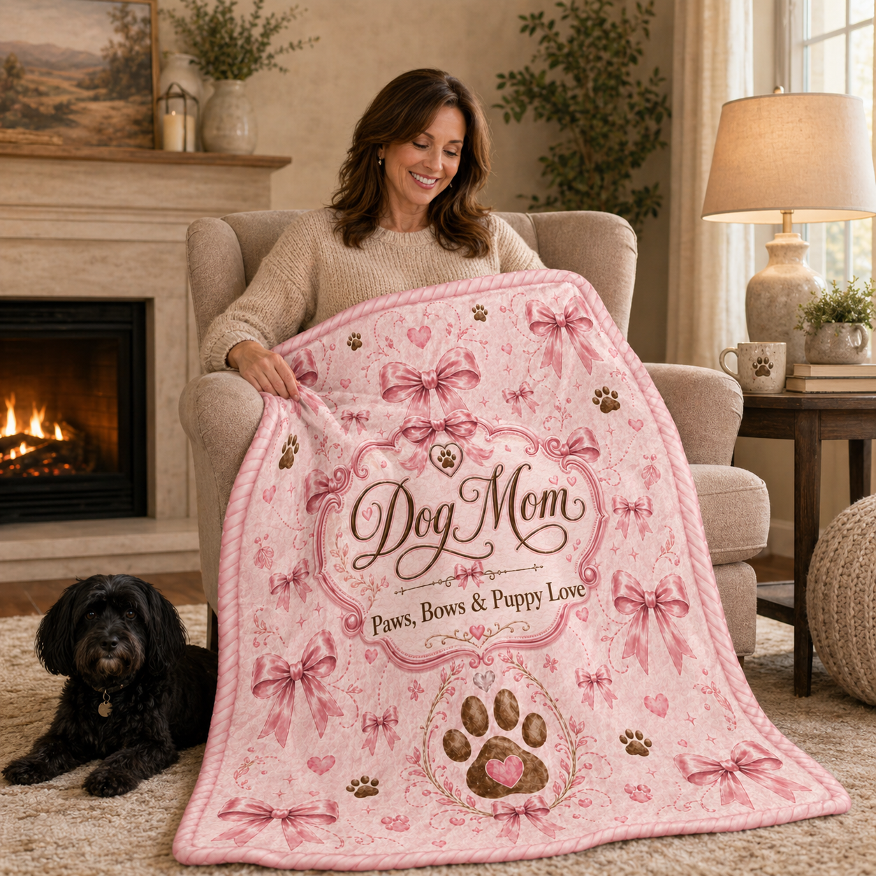 Dog Mom Plush Blanket — Paws, Bows & Puppy Love