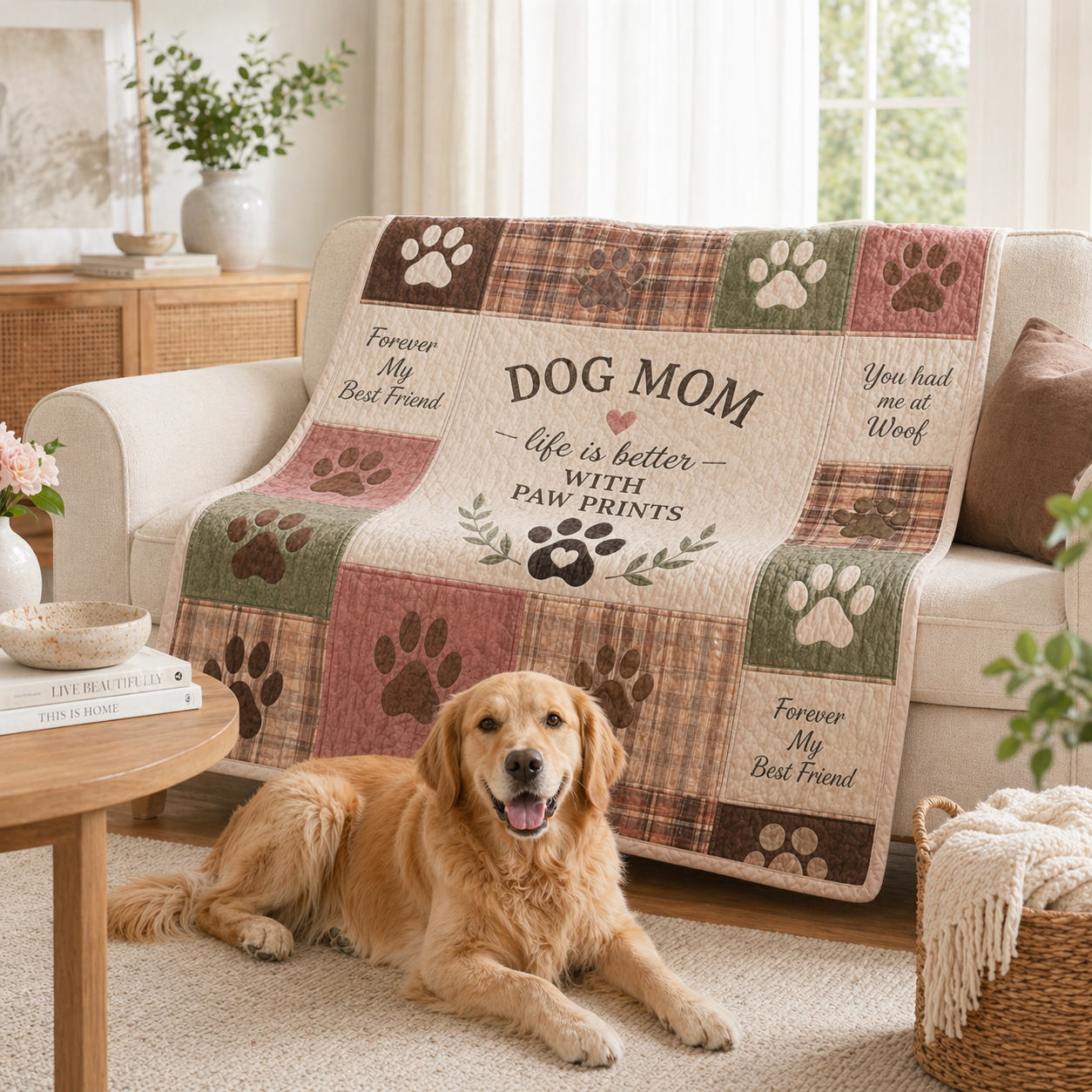 Dog Mom Plush Blanket — Patch Quilt Paw Prints