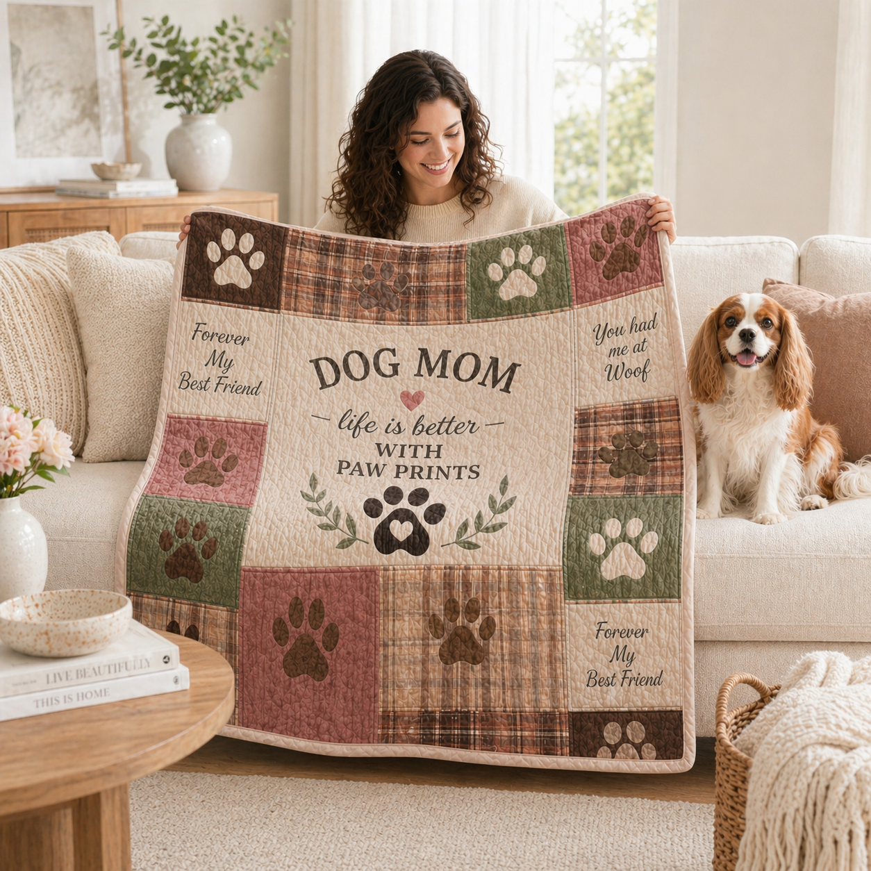 Dog Mom Plush Blanket — Patch Quilt Paw Prints