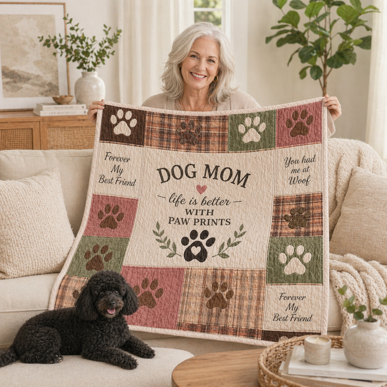 Dog Mom Plush Blanket — Patch Quilt Paw Prints