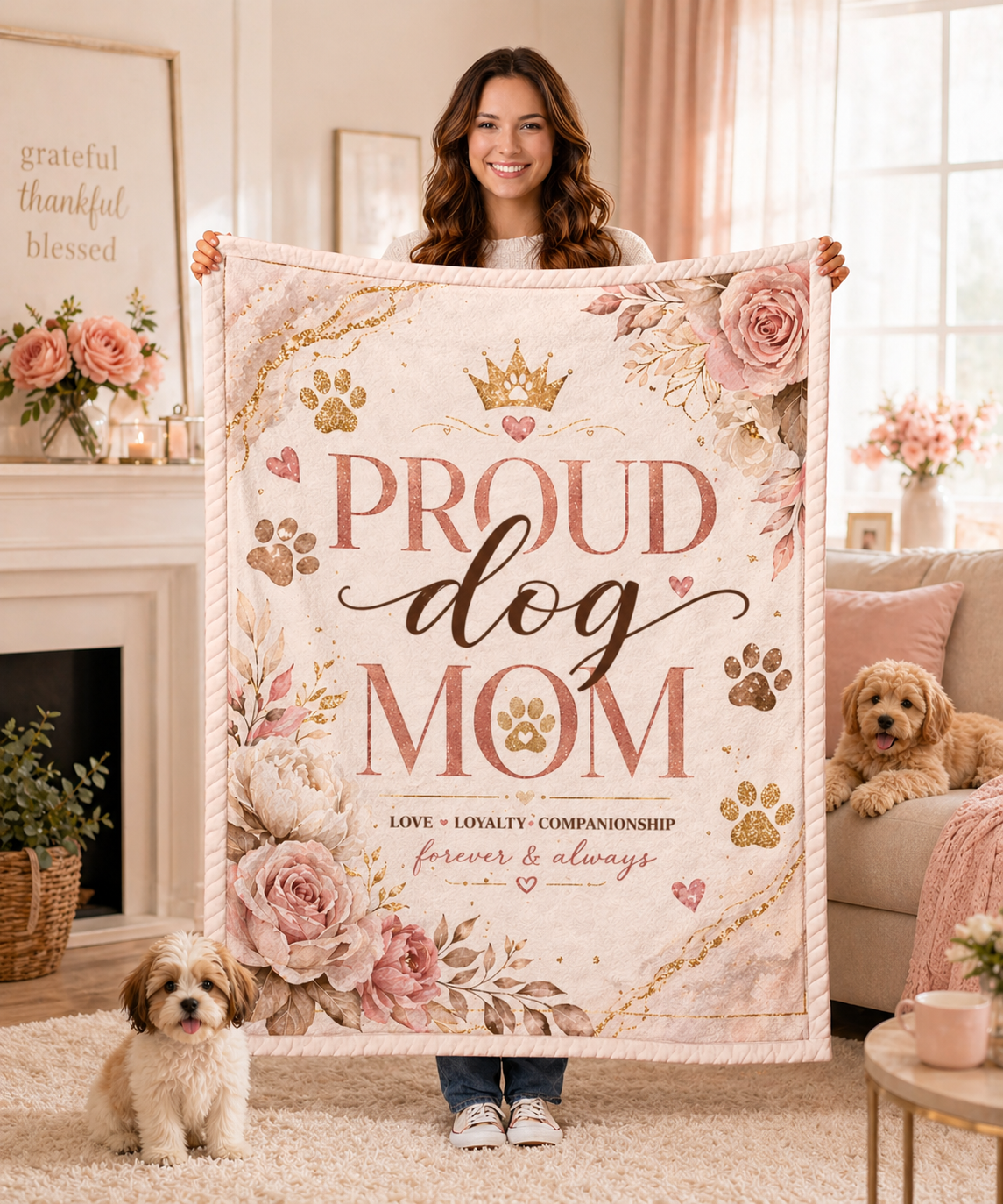 Dog Mom Plush Blanket – Floral Paw Print