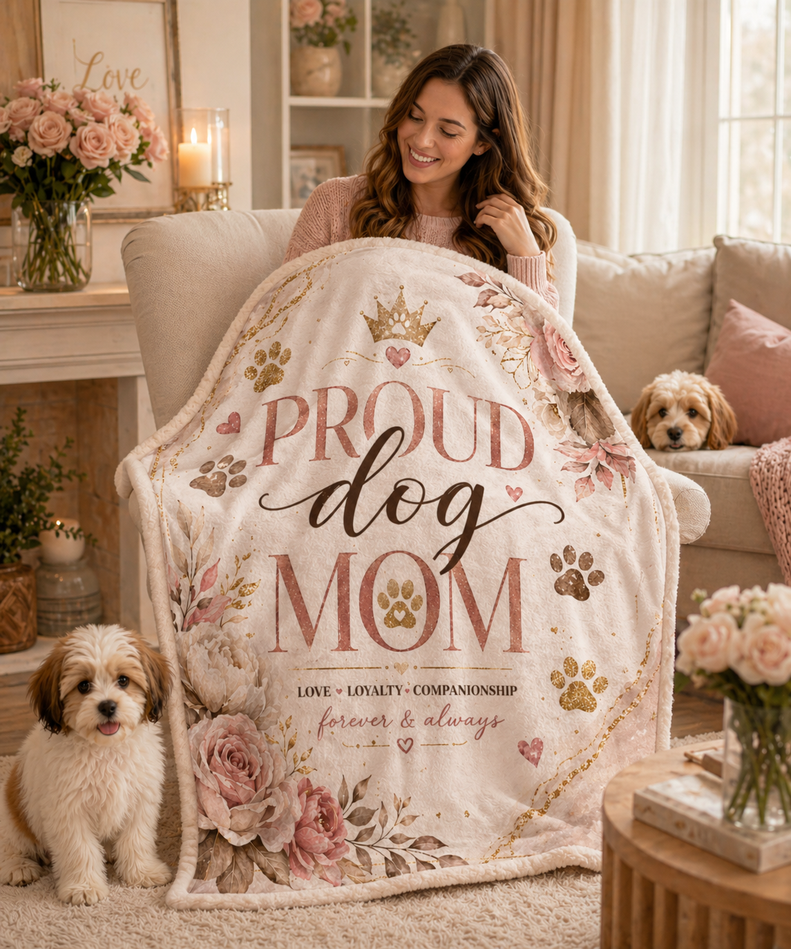 Dog Mom Plush Blanket – Floral Paw Print