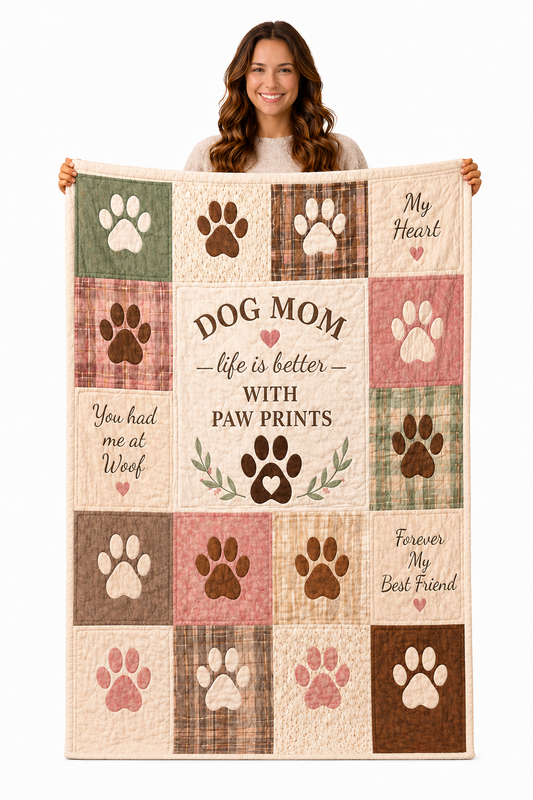 Dog Mom Plush Blanket — Patch Quilt Paw Prints