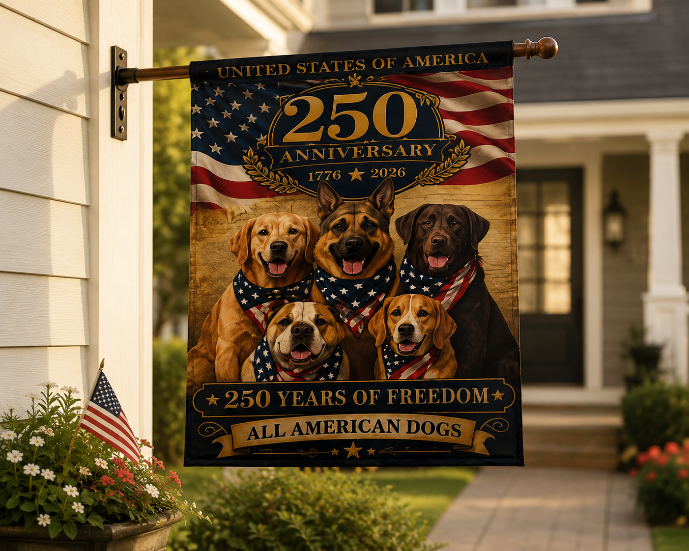 All American Dogs Patriotic Flag | 250 Years of Freedom | We The People | 5 Breeds 250th Anniversary 1776-2026 | Independence Day | Dog Mom Gift | USA Decor