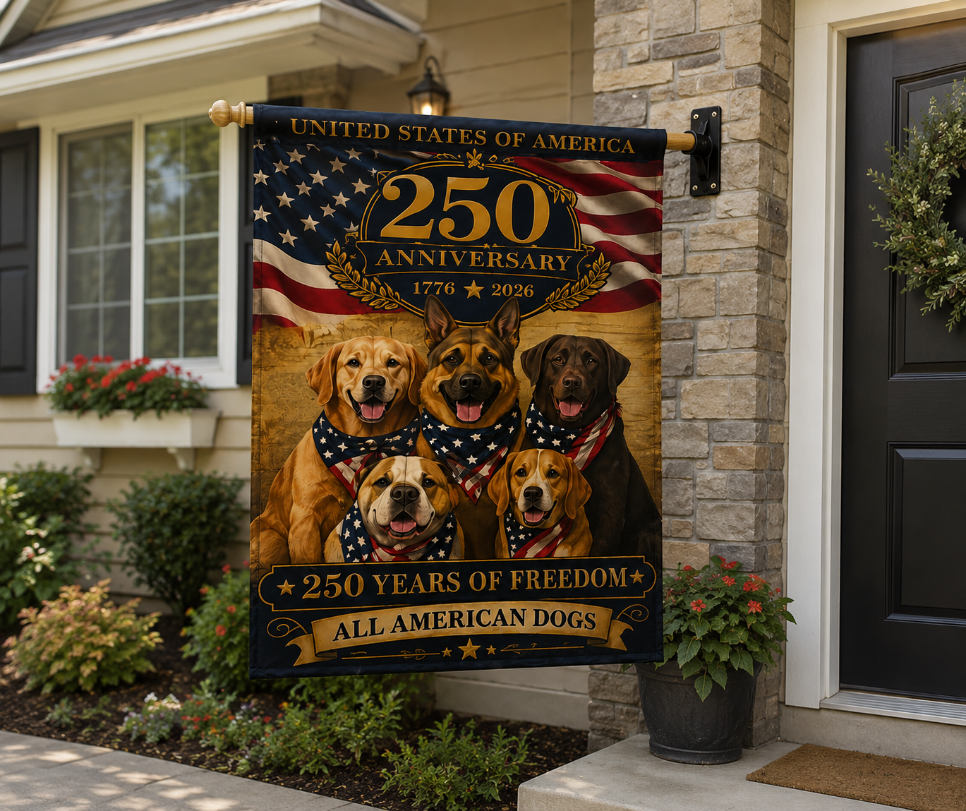 All American Dogs Patriotic Flag | 250 Years of Freedom | We The People | 5 Breeds 250th Anniversary 1776-2026 | Independence Day | Dog Mom Gift | USA Decor