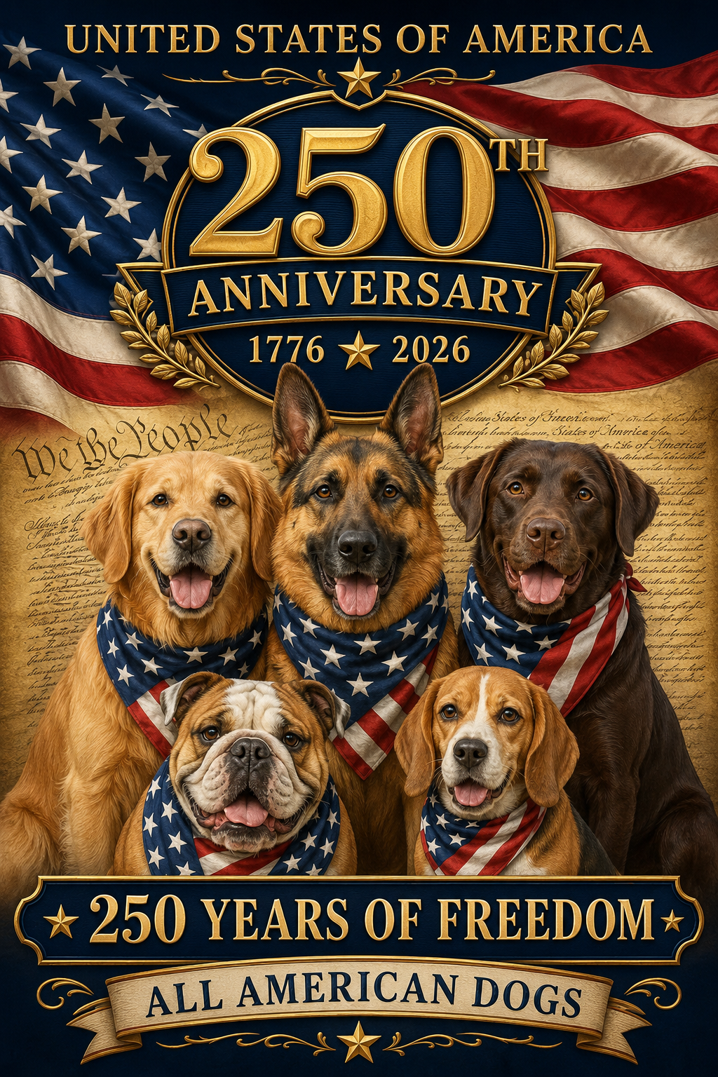 All American Dogs Patriotic Flag | 250 Years of Freedom | We The People | 5 Breeds 250th Anniversary 1776-2026 | Independence Day | Dog Mom Gift | USA Decor