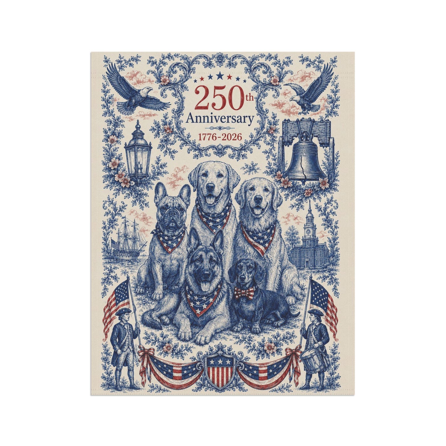 All American Dogs Patriotic Garden Flag | 250th Anniversary 1776-2026 | 5 Breeds Toile Art | Independence Day Flag | Dog Mom Gift | USA Outdoor Decor