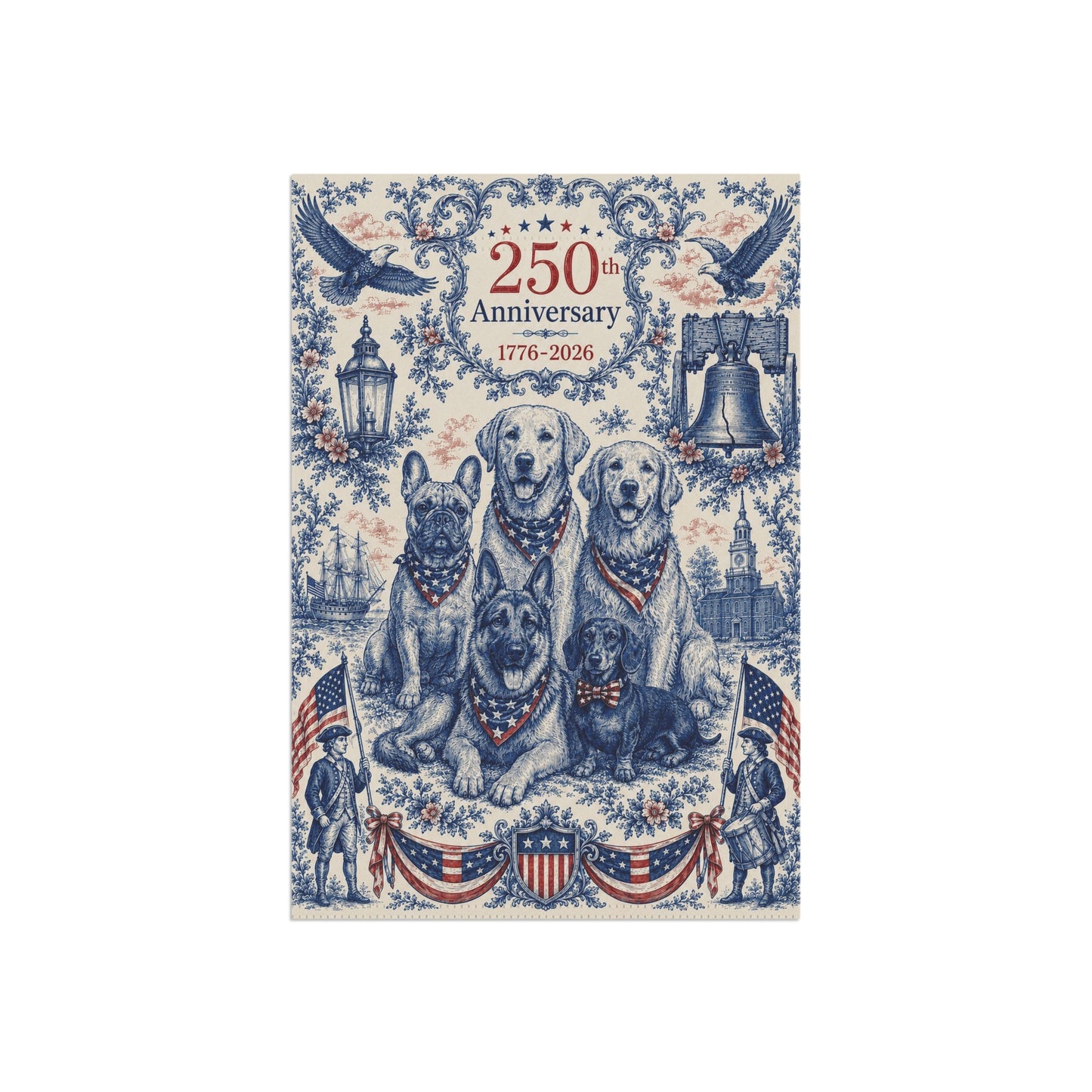 All American Dogs Patriotic Garden Flag | 250th Anniversary 1776-2026 | 5 Breeds Toile Art | Independence Day Flag | Dog Mom Gift | USA Outdoor Decor