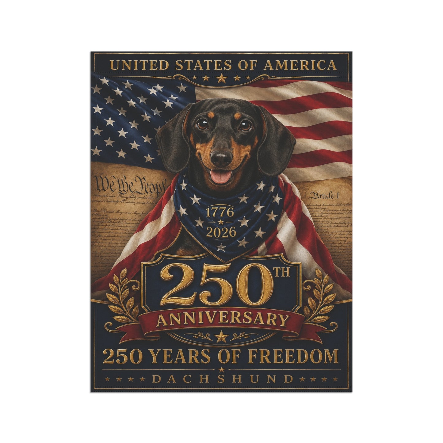 Dachshund Patriotic Flag | 250 Years of Freedom | We The People | 250th Anniversary 1776-2026 | Independence Day | Wiener Dog Gift | USA Flag Decor