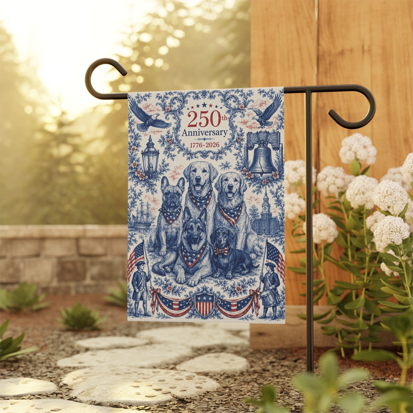 All American Dogs Patriotic Garden Flag | 250th Anniversary 1776-2026 | 5 Breeds Toile Art | Independence Day Flag | Dog Mom Gift | USA Outdoor Decor