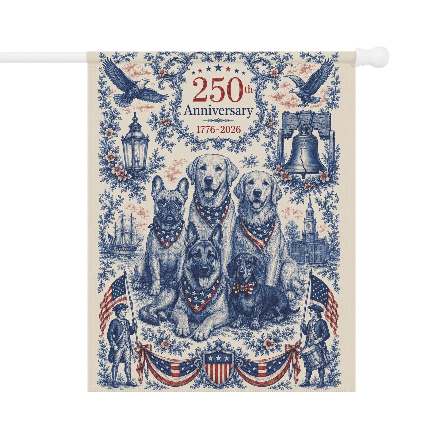 All American Dogs Patriotic Garden Flag | 250th Anniversary 1776-2026 | 5 Breeds Toile Art | Independence Day Flag | Dog Mom Gift | USA Outdoor Decor