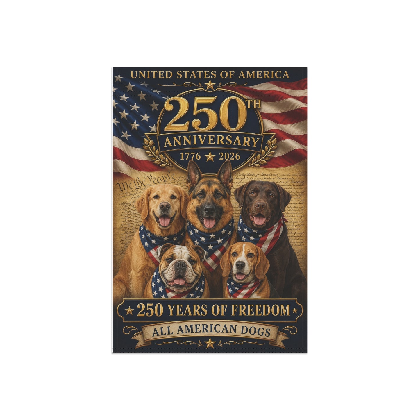 All American Dogs Patriotic Flag | 250 Years of Freedom | We The People | 5 Breeds 250th Anniversary 1776-2026 | Independence Day | Dog Mom Gift | USA Decor