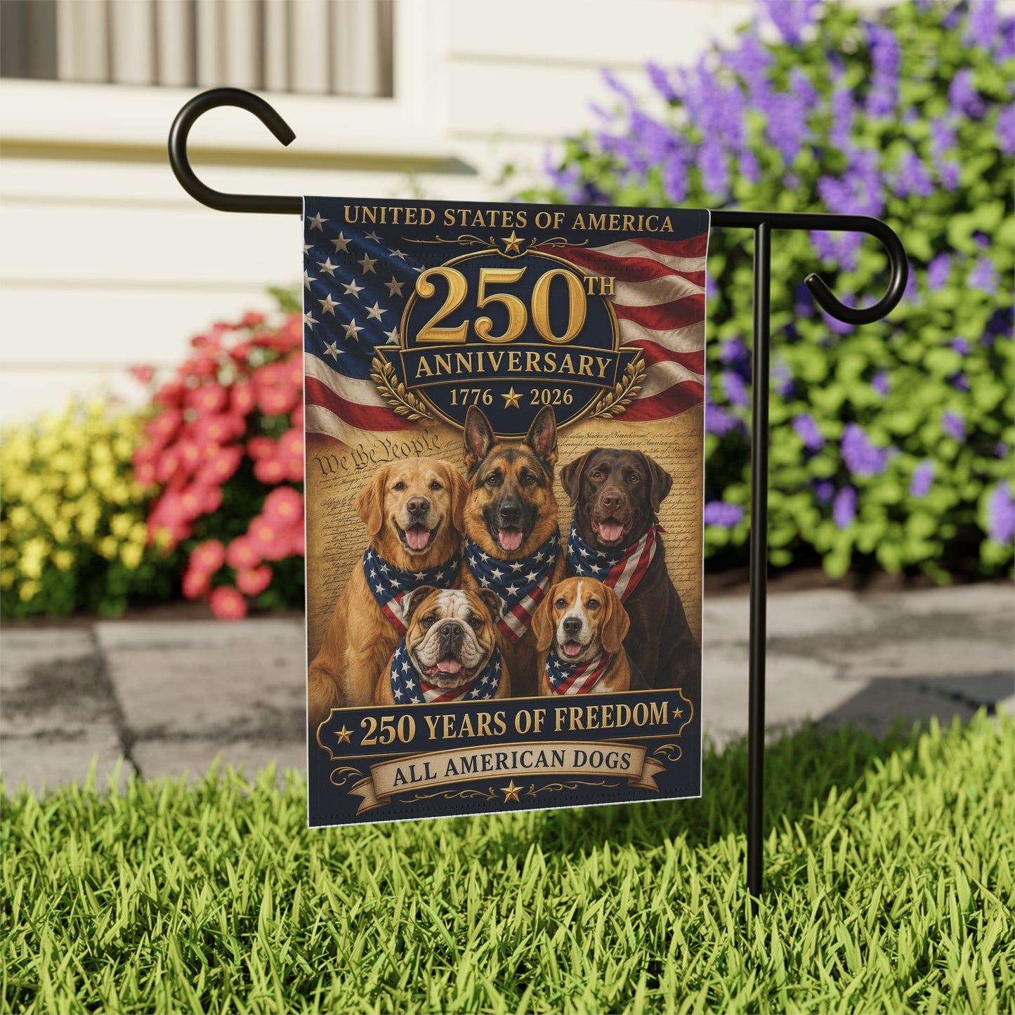 All American Dogs Patriotic Flag | 250 Years of Freedom | We The People | 5 Breeds 250th Anniversary 1776-2026 | Independence Day | Dog Mom Gift | USA Decor
